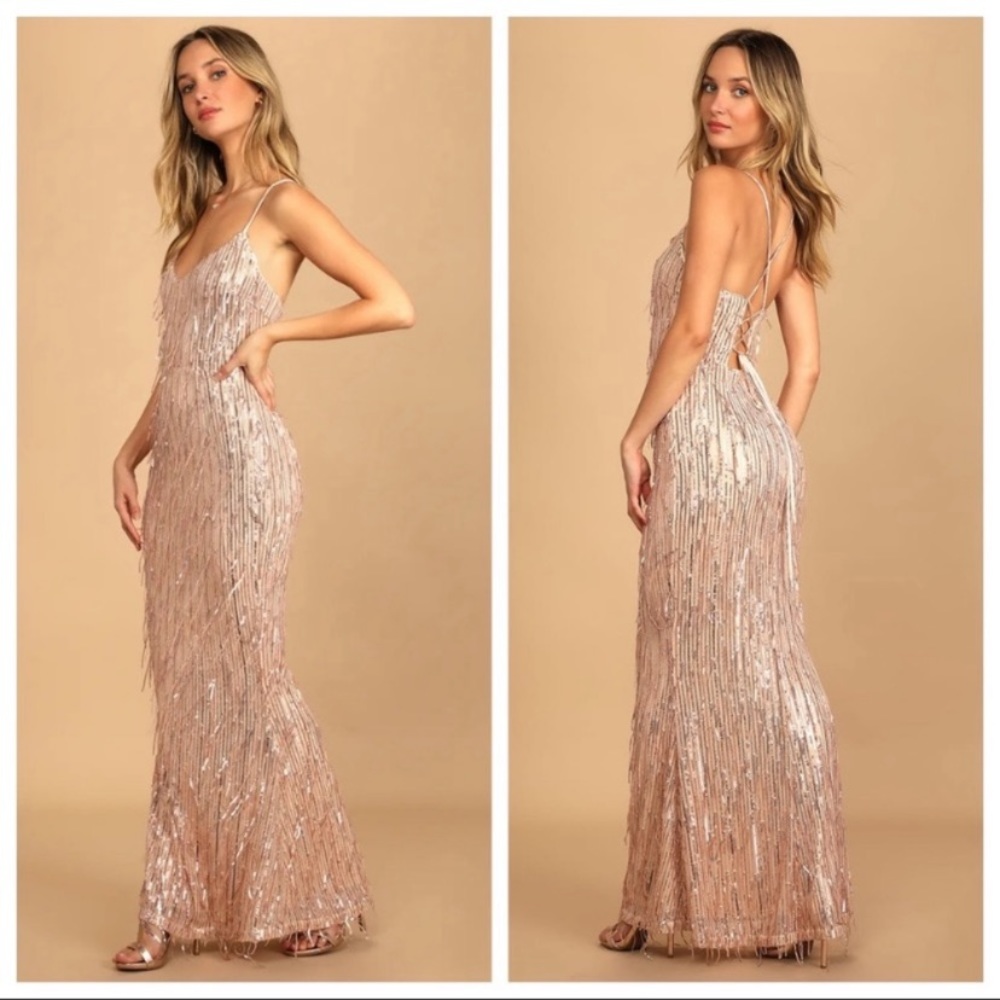 Endless Festivities Rose Gold Sequin Fringe Lace-Up Maxi Dress - Picture 12 of 15
